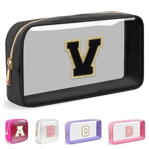 Small Clear Personalized Initial Makeup Bag, Preppy Nylon A-z Chenille Letter🌸